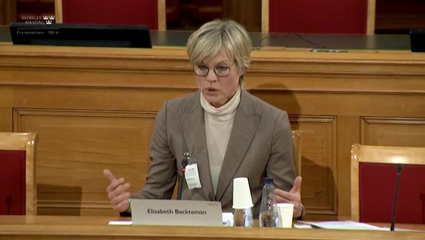 Stillbild från Öppen utfrågning: KU-utfrågning med Elisabeth Backteman, tidigare statssekreterare vid Justitiedepartementet